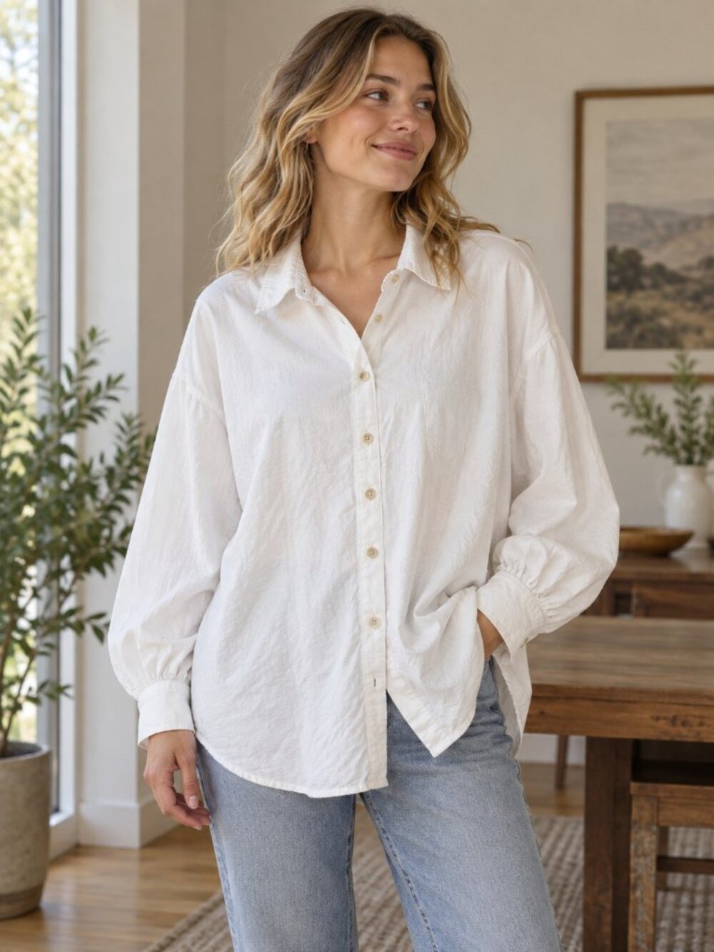 We The Free White Oversized Button Up Shirt XS 100% Cotton Balloon Sleeve